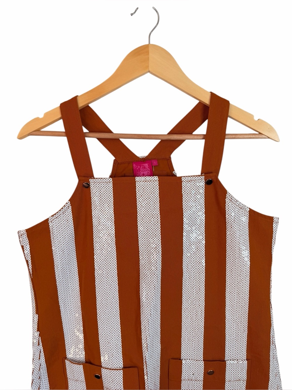 Queen of Sparkles Burnt Orange White Sequin Striped Overall Dress Womens Sml NWT - Picture 6 of 11